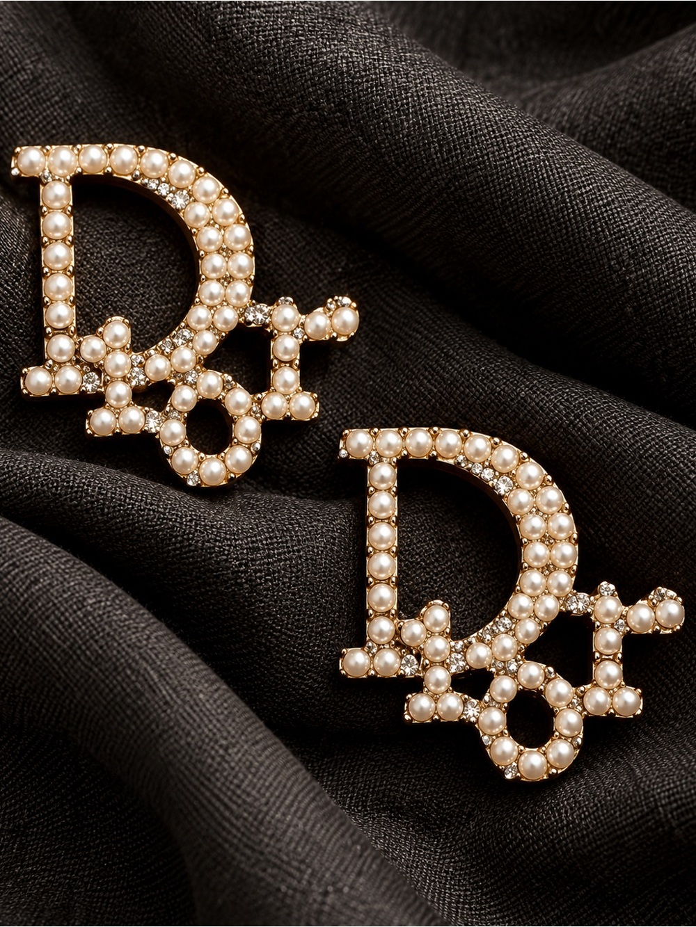 🌟 Christian Dior Style Pearl Crystal Gold Tone CD Logo Statement Earrings Luxe